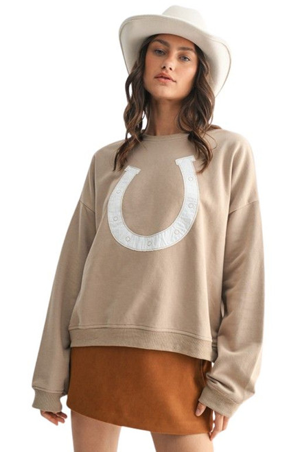 Wishlist Apparel Womens Taupe and White Horseshoe Sweater