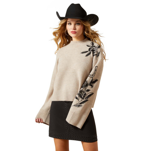 Ariat Ladies Oatmeal Heather All In Embellished Long Sleeve Sweatshirt