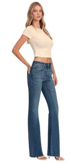 Vervet Ladies High Rise Bootcut Raw Hem Eagerly Dark Wash Denim Jeans