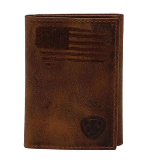 Ariat Mens Brown Ariat Shield Logo and Distressed USA Flag Trifold Wallet