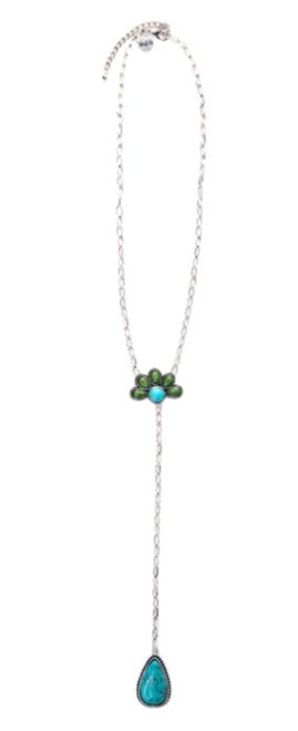 West & Co. The Hico 20" Turquoise & Green Half Flower Chain Y Necklace with Turquoise Teardrop Tail