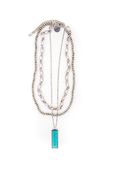 West & Co. Silver Layered Necklace with Square Turquoise Stone Conch Pendant