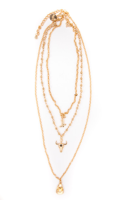 West & Co. Gold Layered Necklace with Steer Head, Boot & Teardrop Pendants