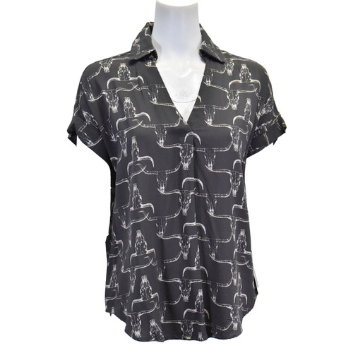 Cowgirl Hardware Women's CH Dark Chocolate Skull Collared Short Sleeve Shirt
