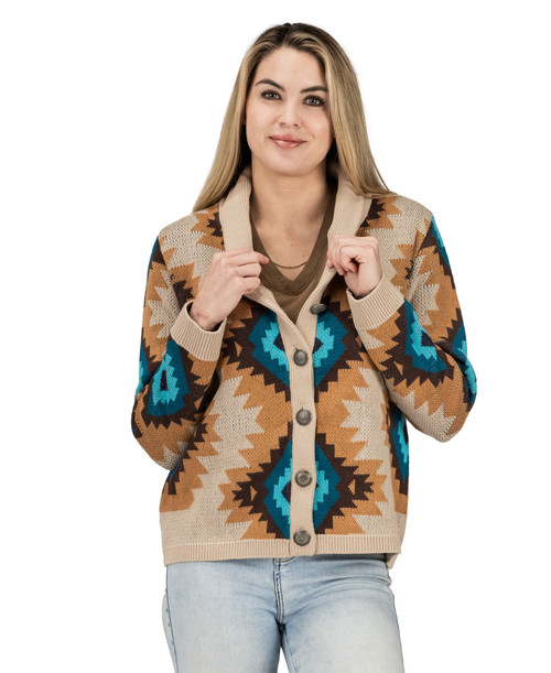 Cotton & Rye Ladies Brown & Turquoise Southwest Print Button Up Cardigan