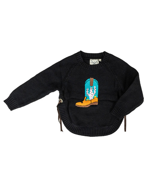 Cotton & Rye Girls Black with Embroidered Boot Graphic Long Sleeve Knitted Sweater