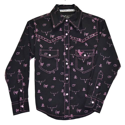 Cowgirl Hardware Girl's Black Branding Iron Print Long Sleeve Western Snap Shirt