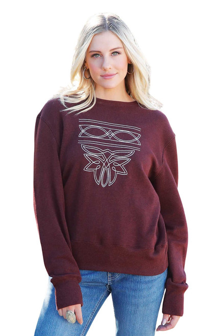 Cruel Ladies Burgundy Bootstitch Graphic Long Sleeve Crewneck Sweatshirt