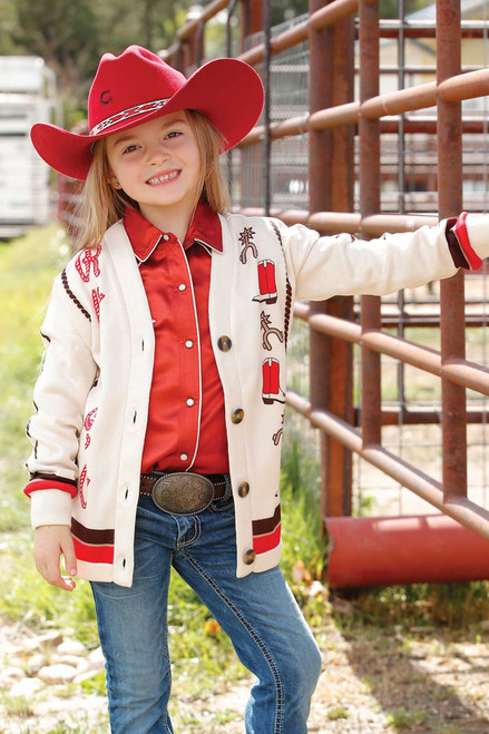 Cruel Girl's Cream & Red Retro Rodeo Print Long Sleeve Cardigan