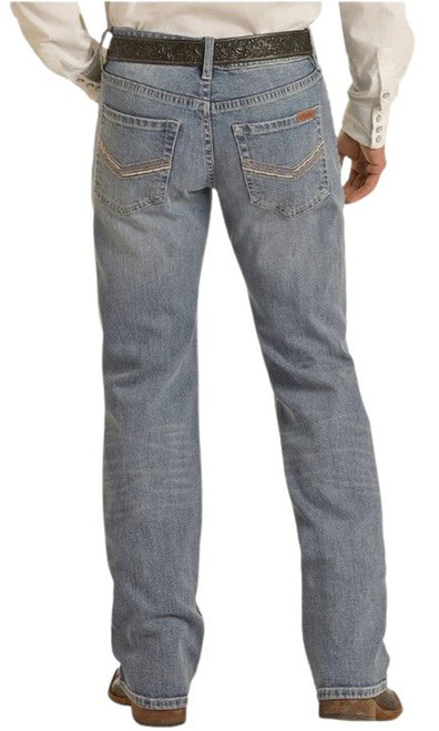 Rock & Roll Men's Vintage '46 Regular Fit V Embroidered Stackable Bootcut Light Wash Denim Jeans