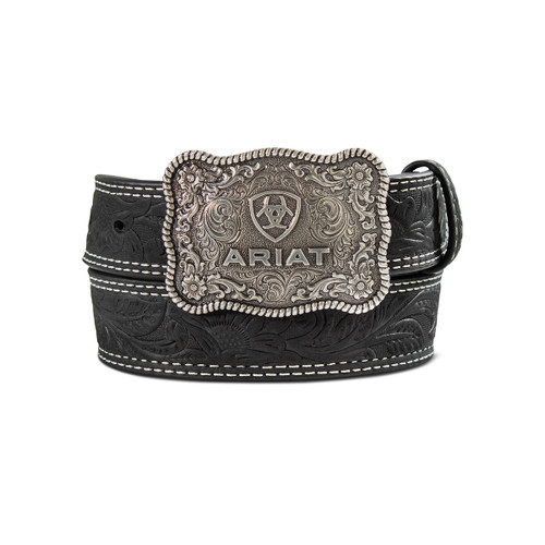 Ariat Boys Black Floral Embossed Belt with Silver Tooled Logo Buckle