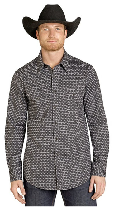 Rock & Roll Men's Black Mini Aztec Geo Printed Long Sleeve Snap Shirt