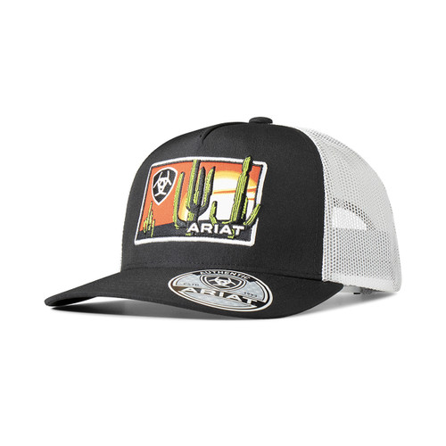 Ariat Men's Desert Scene Logo Patch Black with White Mesh Snapback Hat