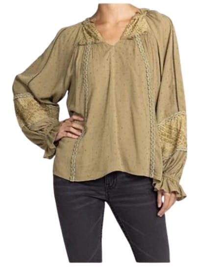 Miss Me Womens Olive Green Puff Sleeve Long Sleeve Top