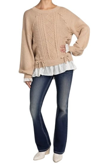 Miss Me Womens Relaxed Fit Beige Chiffon Trim Lace Up Sweater