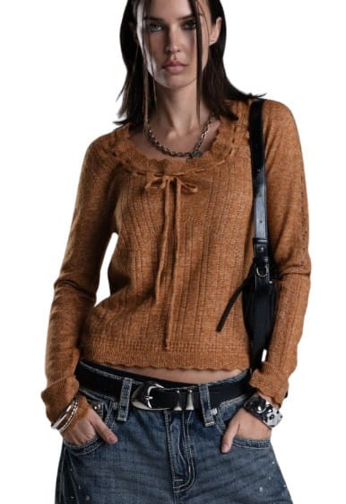 Miss Me Womens Camel Brown Autumn Ruffle Scoopneck Top