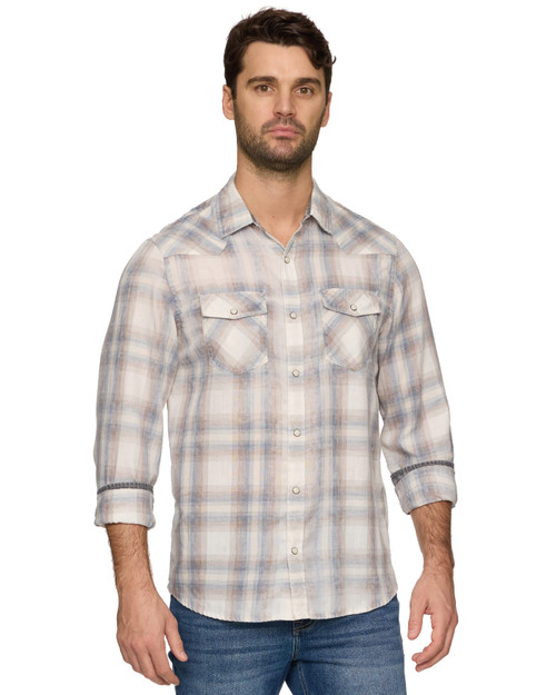 Threadgrit Mens Flynn Long Sleeve Cream Plaid Snap Button Western Shirt