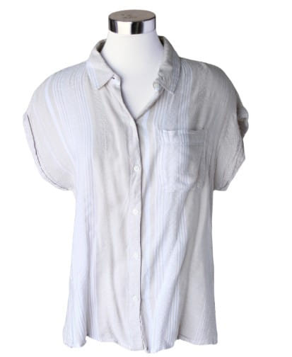 Keren Hart Womens Beige Striped Short Sleeve Button Down Blouse