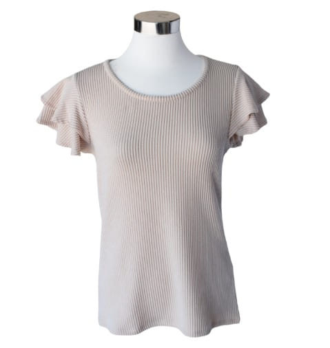 Keren Hart Womens Beige Ribbed Flutter Sleeve Casual Top