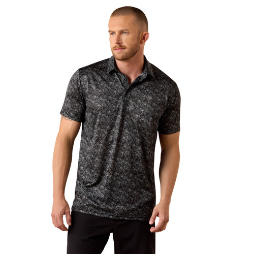 Ariat Men's Black Paisley Print All Over Print Short Sleeve Fitted Polo Shirt