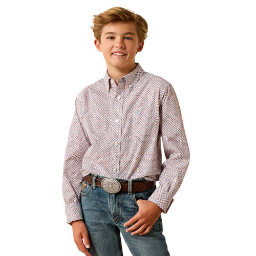 Ariat Boys Youth White Geo Print Long Sleeve Button Up Tiernan Shirt