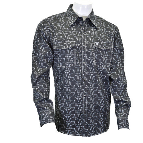 Cowboy Hardware Mens Black Steerhead Print Long Sleeve Western Snap Shirt