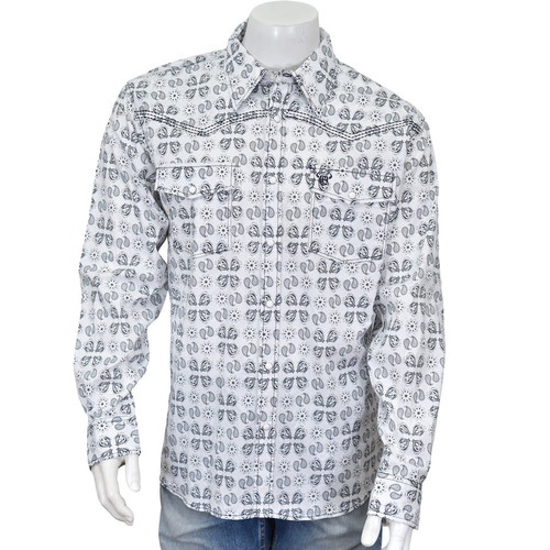 Cowboy Hardware Mens White Acorn Paisley Print Long Sleeve Western Snap Shirt