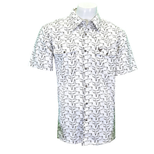 Cowboy Hardware Mens White Abstract Steer Skull Short Sleeve Western Snap Shirt