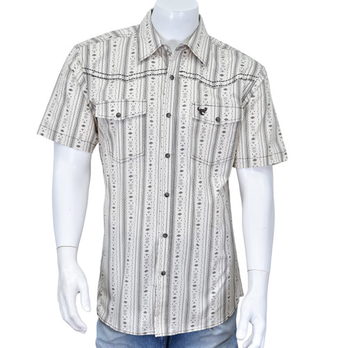 Cowboy Hardware Mens Tan Striped Aztec Short Sleeve Western Snap Shirt