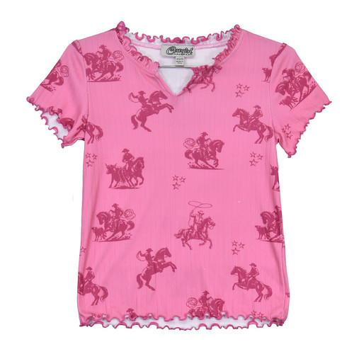 Cowboy Hardware Girls Pink Desert Bronco Ribbed Short Sleeve Shirt