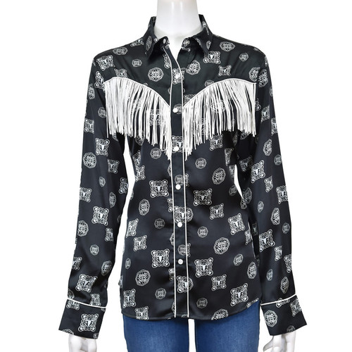 Cowboy Hardware Womens Black Concho Fringe Long Sleeve Western Snap Shirt
