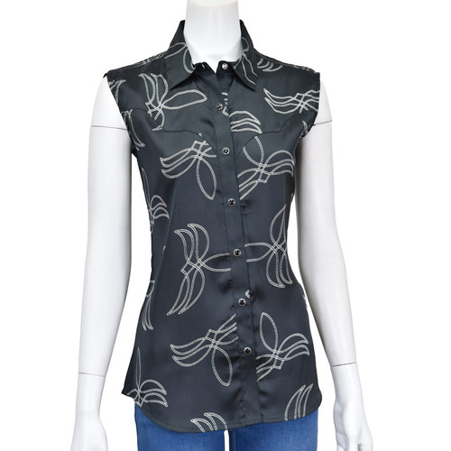 Cowboy Hardware Womens Black Boot Stitch Angel Sleeveless Western Snap Top