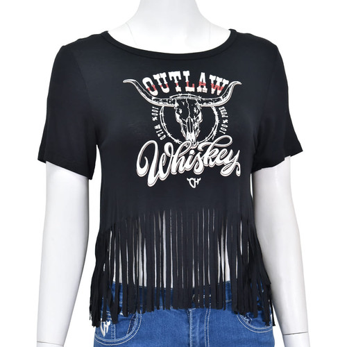Cowboy Hardware Womens Black Outlaw Whiskey Fringe Short Sleeve Shirt