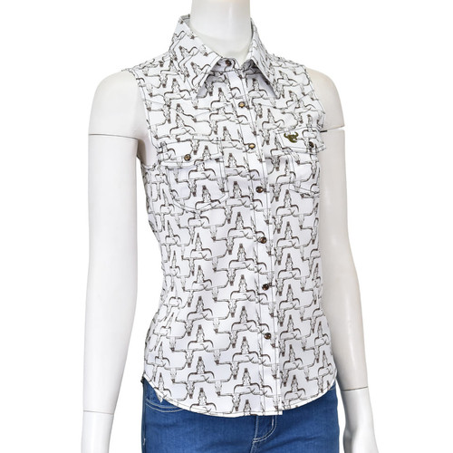 Cowboy Hardware Womens White Abstract Steerhead Sleeveless Snap Western Top