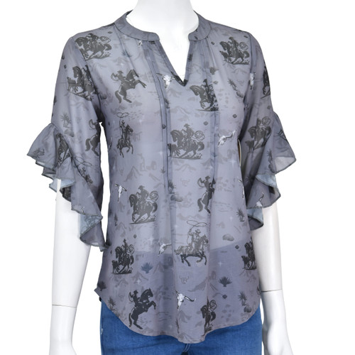Cowboy Hardware Womens Gray Western Cowpoke Ruffle Sleeve Blouse