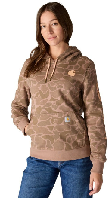 Carhartt Women's Soft Sepia Vintage Camo Relaxed Fit Midweight Logo Sleeve Graphic Printed Sweatshirt