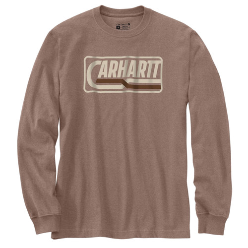 Carhartt Men's Soft Sepia Heather Loose Fit Heavyweight Long Sleeve Logo Graphic T-Shirt