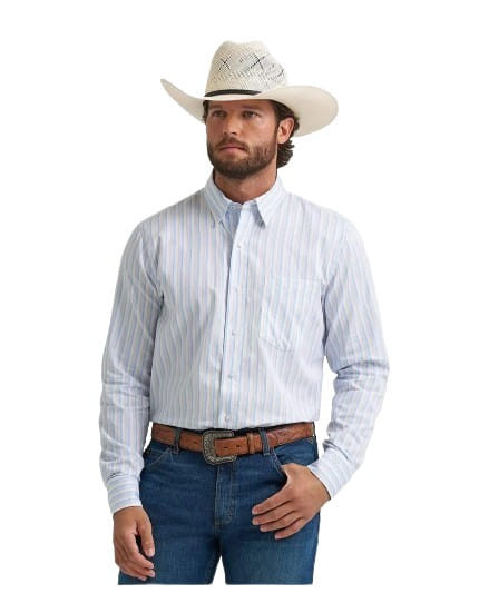Wrangler Mens Cody Johnson White and Light Blue Striped Long Sleeve Button Up Shirt