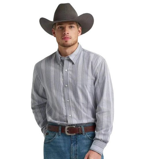 Wrangler Mens Cody Johnson Gray Striped Long Sleeve Button Up Shirt