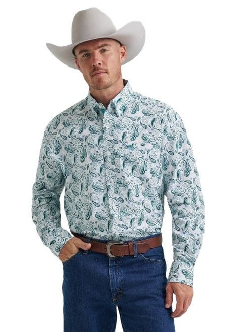 Wrangler Mens George Strait Teal Classic Paisley Print Long Sleeve Button Up Shirt