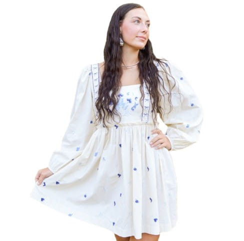 Cotton & Rye Womens White Floral Embroidered Long Sleeve Babydoll Dress