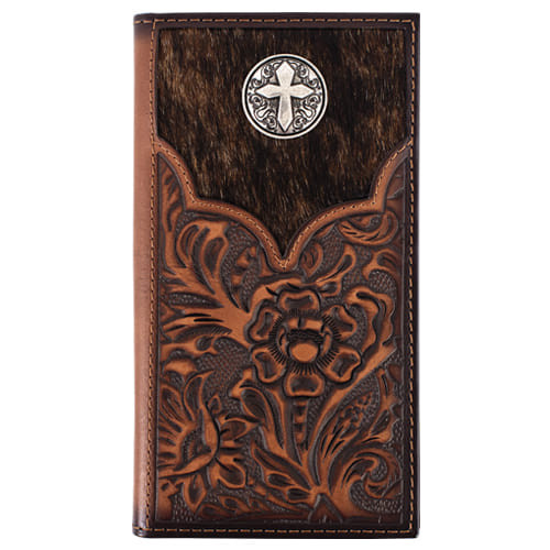 This Justin Mens Brown Floral Tooled Hair On Rodeo Cross Concho