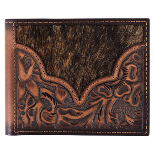 Justin Mens Brown Premium Hair On and Tooled Leather Bi Fold Wallet