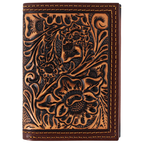 Justin Mens Brown Deep Floral Tooled Leather Tri Fold Wallet