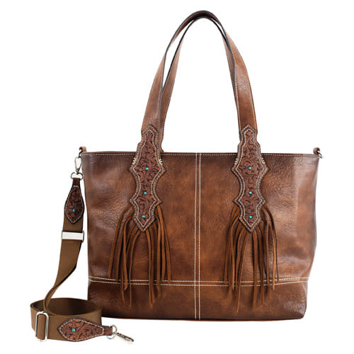 Justin Womens Brown Floral Tooled Leather Tassel Crossbody Purse
