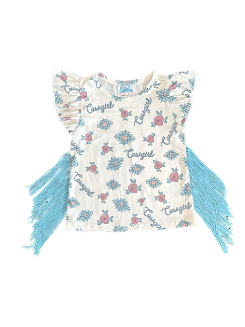 Shea Baby Toddler Girls White Cowgirl & Southwest Print Fringe Ruffled Short Sleeve Shirt