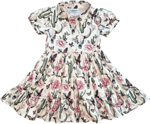 Shea Baby Toddler Girls White Cactus Floral Layered Button Short Sleeve Dress