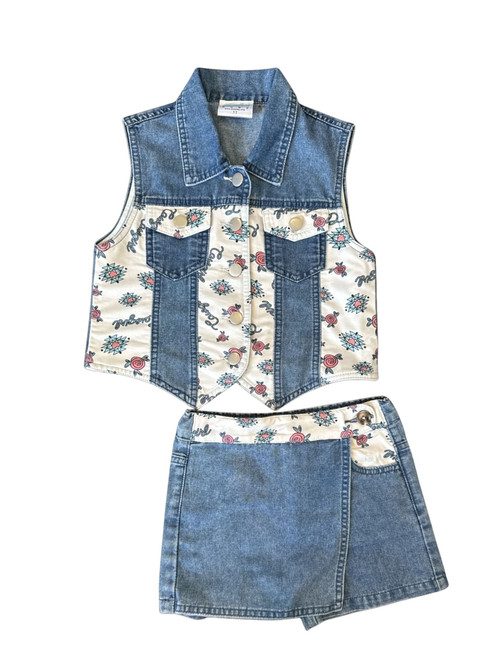 Shea Baby Toddler Girls Aztec & Floral Print Denim Vest & Skirt 2-Piece Set