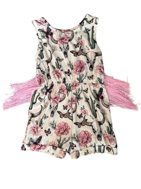 Shea Baby Infant Girls White Floral, Steer & Cactus Print Sleeveless Romper with Fringe