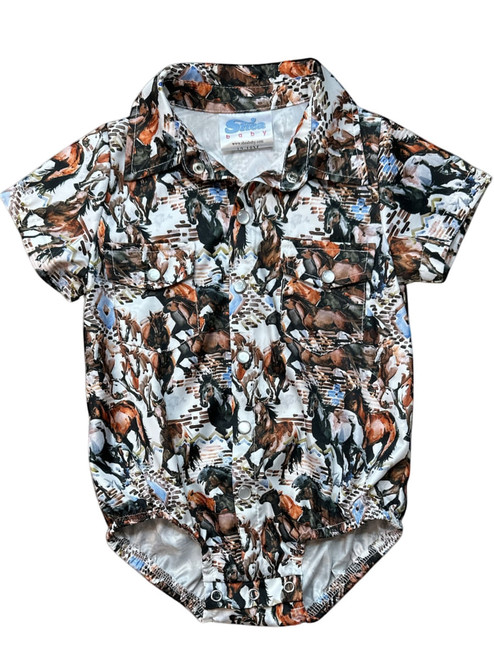 Shea Baby Infant Boys Multi Horse Print Short Sleeve Pearl Snap Onesie